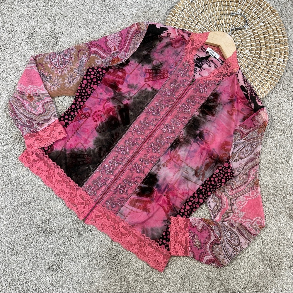 Jaipur Women’s Mesh Sheer Full Zip Blouse Top Beaded Longsleeve Fairy in Pink L